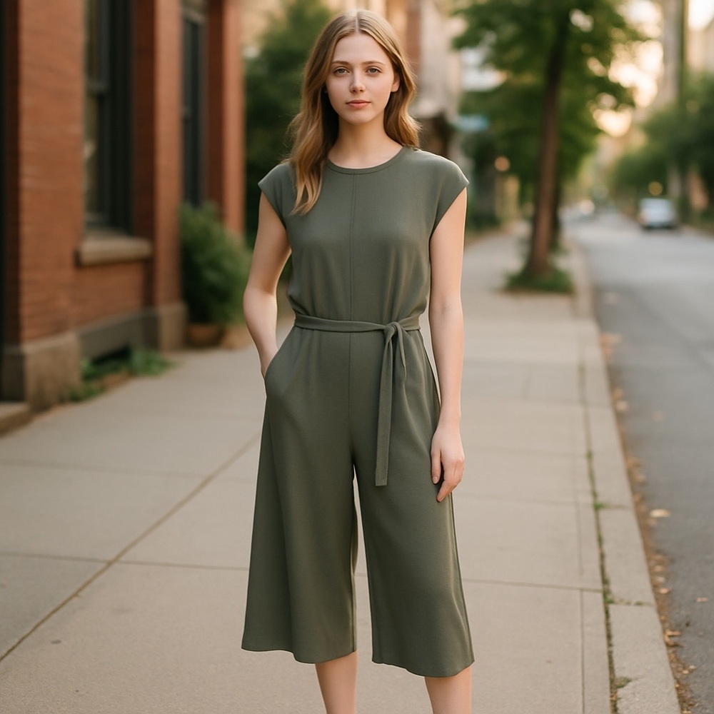 Zara Trafaluc Olive Green Wide Leg Jumpsuit with Tie Belt Size S